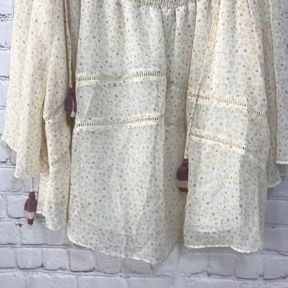 Rebecca Minkoff Strappy Off Shoulder Smocked Flowy Boho Top Tassel Tie Blouse - Picture 5 of 8